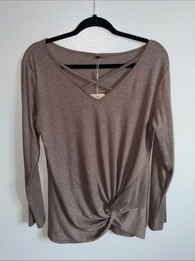 Women’s Crisscross Knot Front Long-Sleeve Top - Taupe Size L NWT